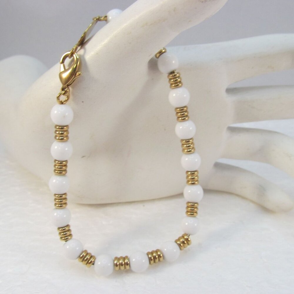White and Gold Acrylic Beaded Bracelet Signed CH